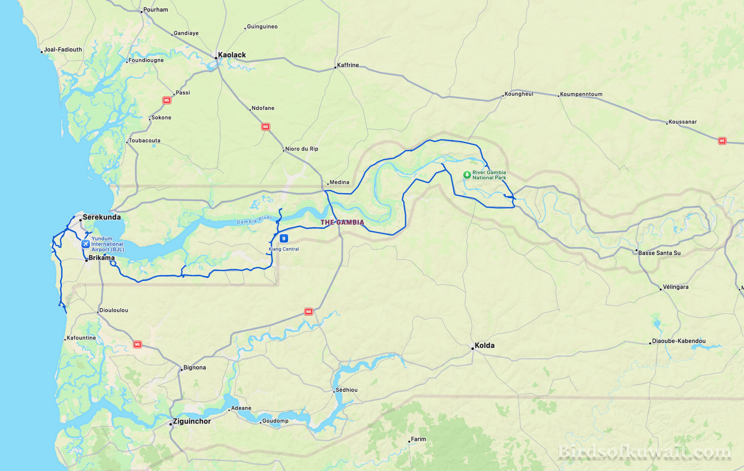 Route Map for 7-16 November 2025 Tour to Gambia